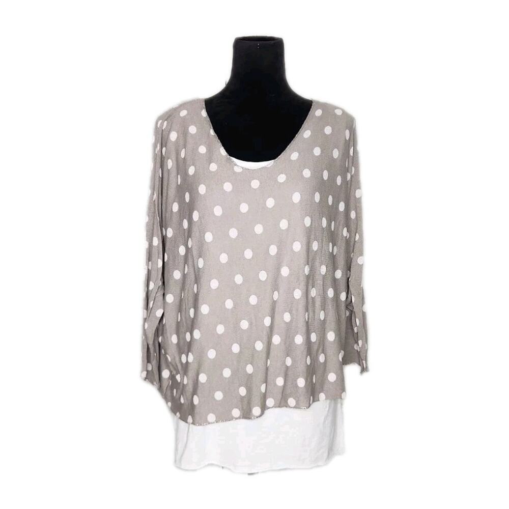 Made In Italy 2 In 1 Layered Gray Polka Dot Top & Raw Hem White Tank Top OS